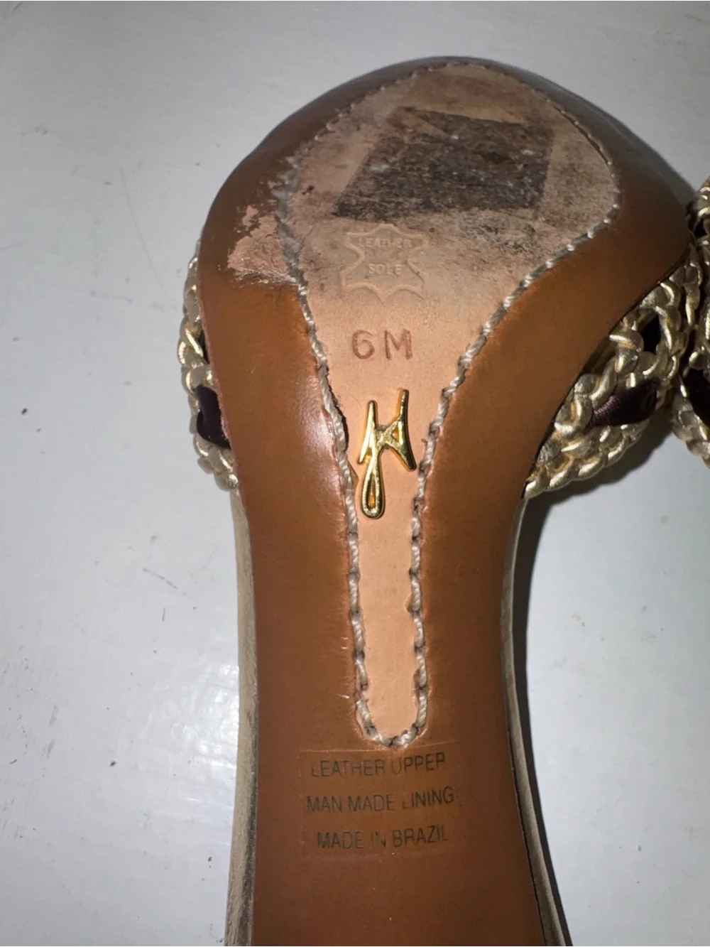 J Vincent Gold Leather Open Toe Mule Slip On Flower Accent Stiletto Heels 6M